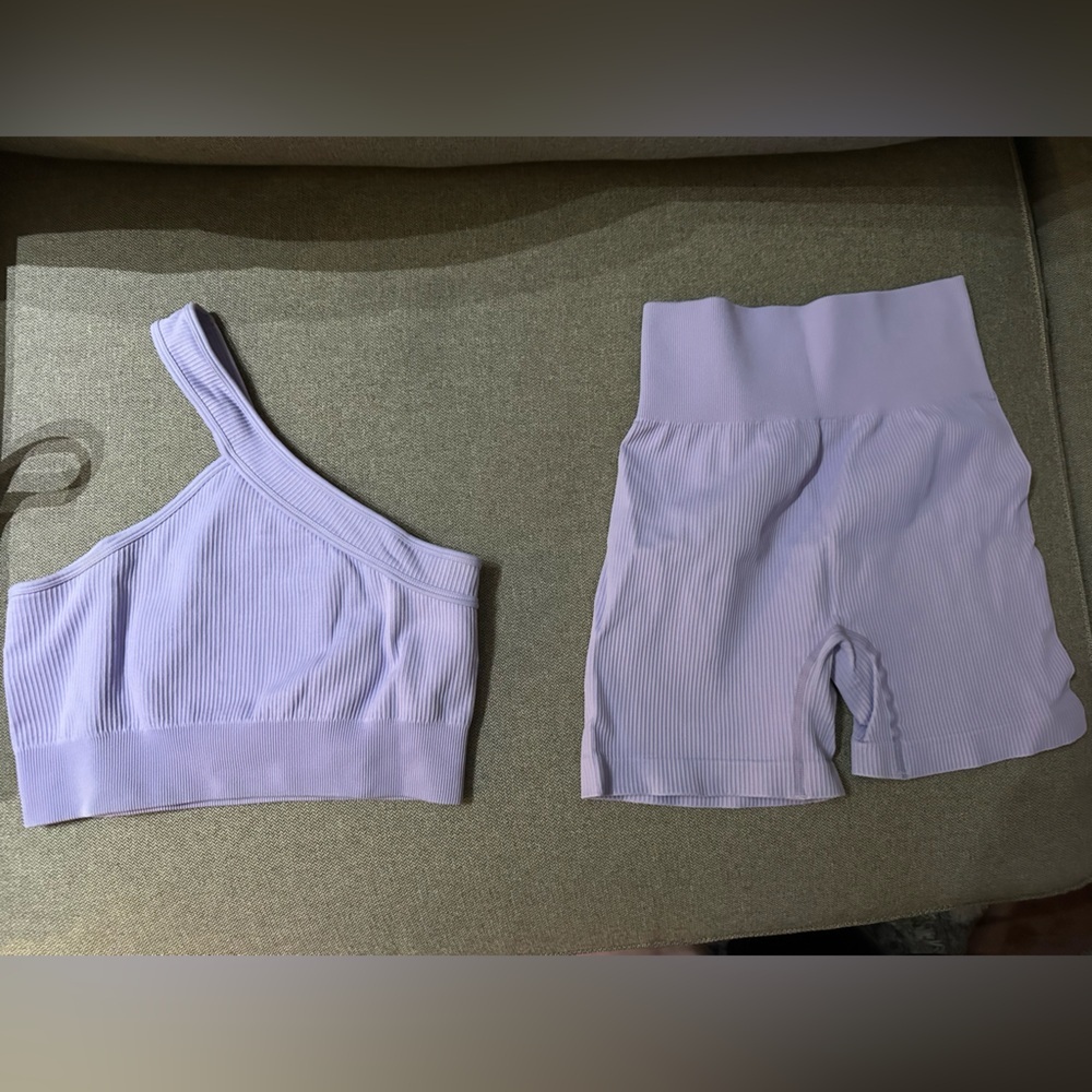 Lavender Ribbed One-Shoulder Top and Shorts Set